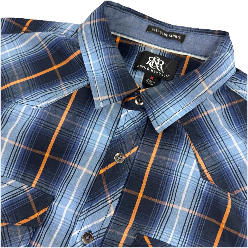 ROCK & REPUBLIC Mens Short Sleeve Button Shirt Blue Plaid Western - M